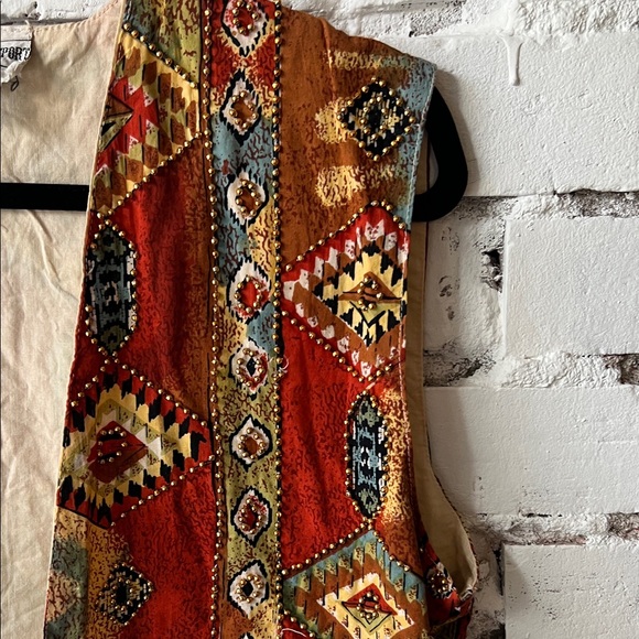 COTTON Vintage Multicolor Southwestern Patterned Vest Rust, Olive, Cream beaded - Picture 4 of 7